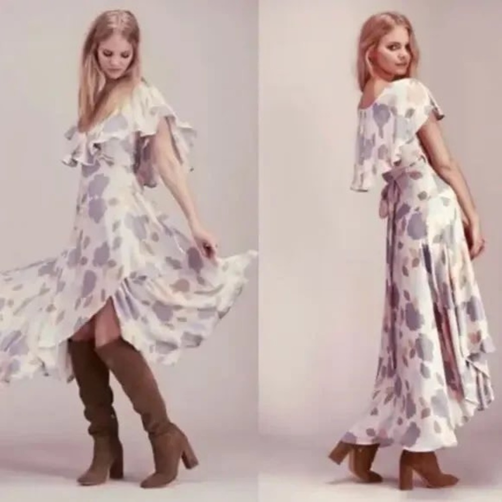 Free People Faye Printed Wrap Maxi Dress Women S Cream Gray Flowy Boho Cottage